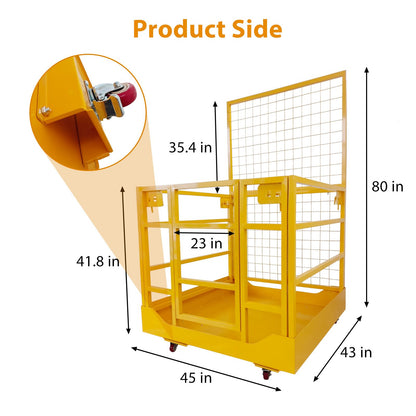 43"X45" Forklift Safety Cage, 1400 LBS Forklift Man Basket Work Platform with Safety Strap ＆ Lockable Swivel Wheels, Heavy Duty Collapsible Lift Cage for Most Aerial Jobs