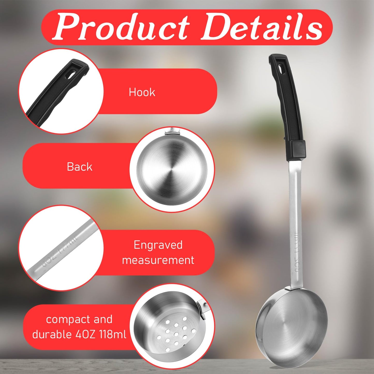 Kifmurase 6Pcs Portion Control Serving Spoons, Portion Scoops Cups Solid and Slotted Stainless Steel Ladle Spoon for Food, Measuring Serving Utensils for Restaurants (6OZ, 4OZ, 2OZ)