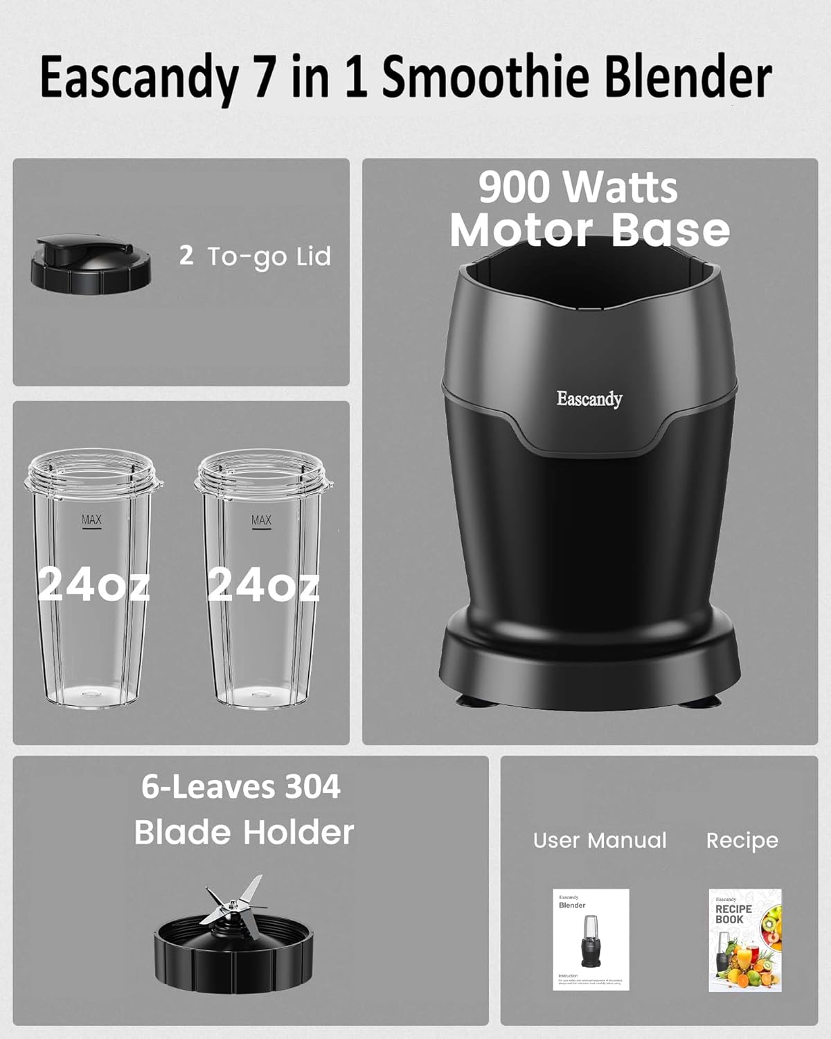 Real 900 Watts Smoothie Blender for Shakes and Smoothies, 7 in 1 Set with 2 Pieces 24 OZ Tritan Sport Cups