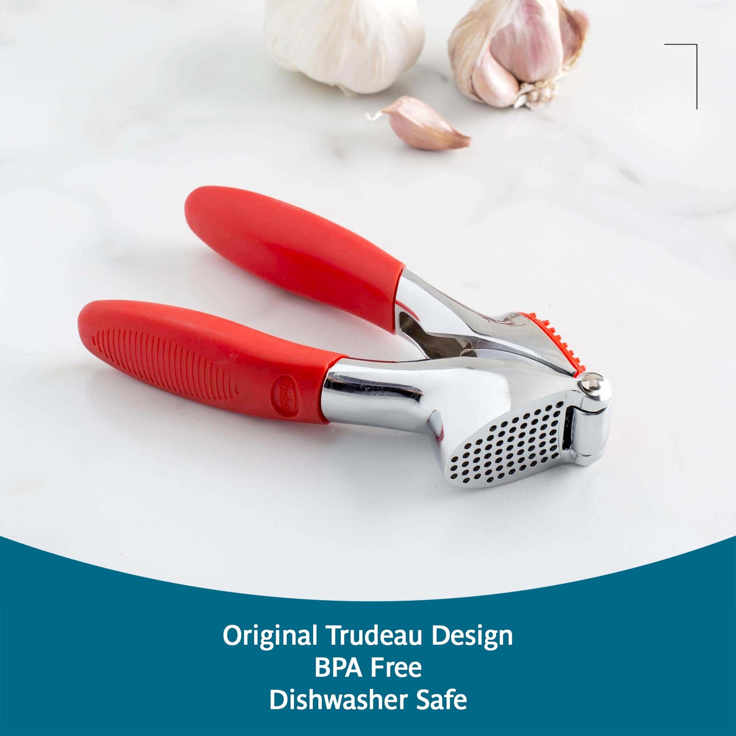Trudeau Garlic Press - Effortless Garlic Crusher with Built-In Cleaning Aid, Large Garlic Chamber, Comfortable Ergonomic Handle, BPA-Free & Dishwasher-Safe - Quick and Easy Meal Preparation
