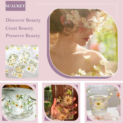 SUAUKEY 95 Pcs White Pressed Dried Flowers for Resin, Real Natural Bulk Dry Wildflowers Leaves Perfect for Epoxy Molds, DIY Crafts, Home Decor, Soap Candles Jewelry Making
