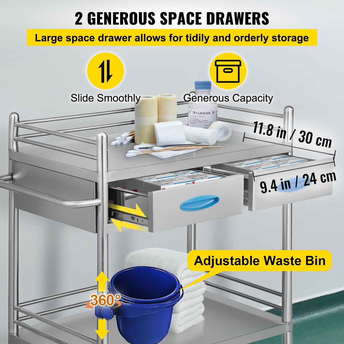 Happybuy 2-Tier Stainless Steel Medical Serving Cart, Utility Rolling Cart with Drawers, Lockable Wheels, Perfect for Laboratories, Hospitals, and Dental Clinics