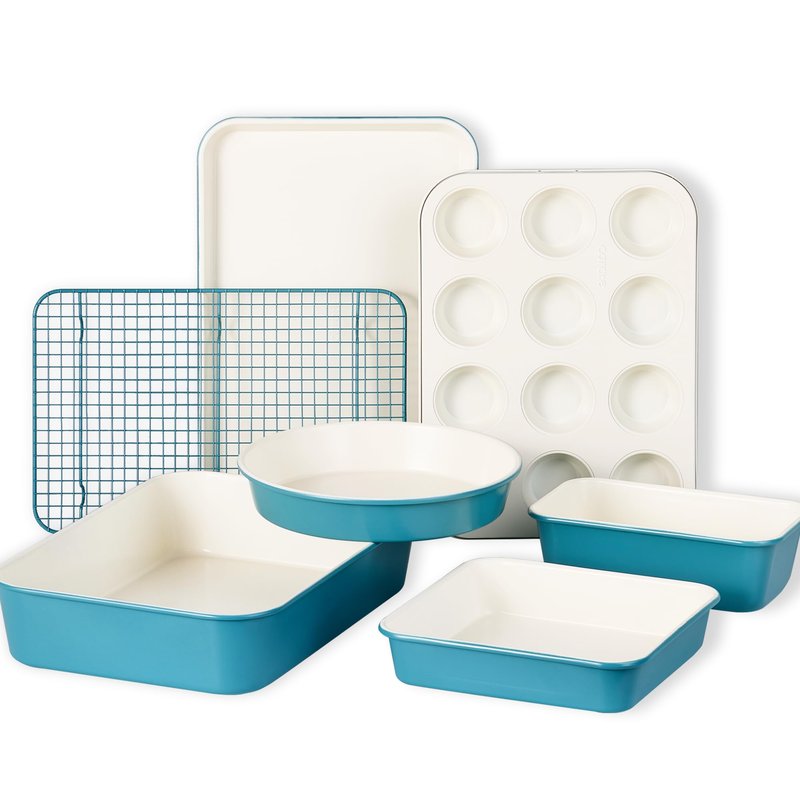 CAROTE 7-Piece Ceramic Baking Pans Set, Aluminized Steel Bakeware Sets, Toxin-Free Nonstick Stackable Oven Pans with Cookie Sheet, Muffin Pan, Loaf Pan, Roasting Pan, Cake Pans, Cooling Rack