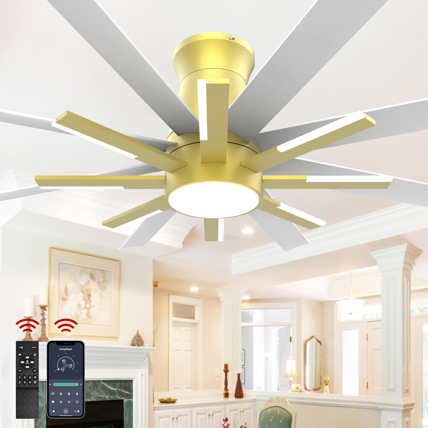 Fande-Aire 60 inch White Ceiling Fans with Lights and Remote, Flush Mount Ceiling Fan for Living Room Bedoom，6 Speed Reversible，8 Blades and 9 Lights，3 CCT，White Gold