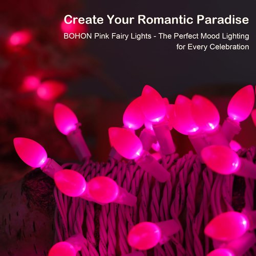 BOHON Pink LED String Lights, 17 Feet White Wire Christmas Lights, 50 Bulbs, Indoor Outdoor Valentine's Day Holiday Wedding Decorative Lighting Valentine Day Decor