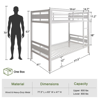 Feonase Metal Bunk Bed Twin Over Twin with Ladder and High Guardrail, Heavy-Duty Metal Slats Support, Noise Free, No Box Spring Needed, for Kids and Juniors, Black
