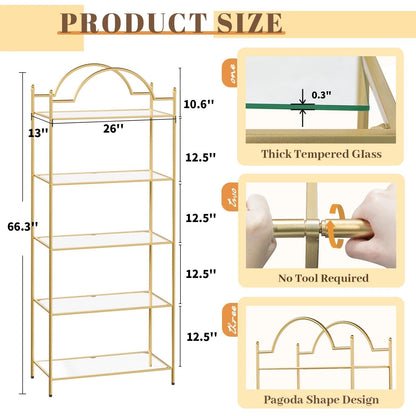 GIFTTROVE 5 Tier Bookshelf, Gold Book Shelf for Storage, Metal Tall Storage Display Bookcase, Modern Open Arched Book Case for Bedroom, Living Room, Glass Office Organization Shelf, 66.3" X 26" X 13"