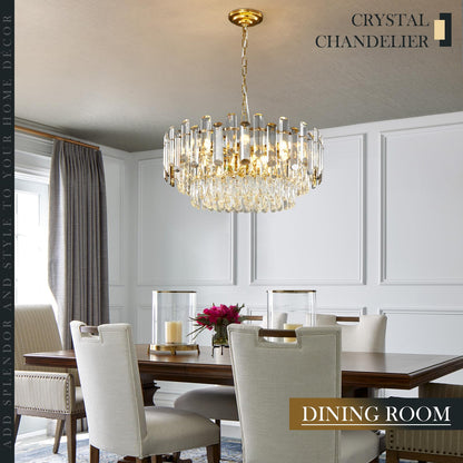 XIAOQIWU Gold Crystal Chandelier 23.6" Modern Crystal Pendant Light 3-Tier12-Light Ceiling Pendant Light Fixture for Dinning Room Living Room Foyer