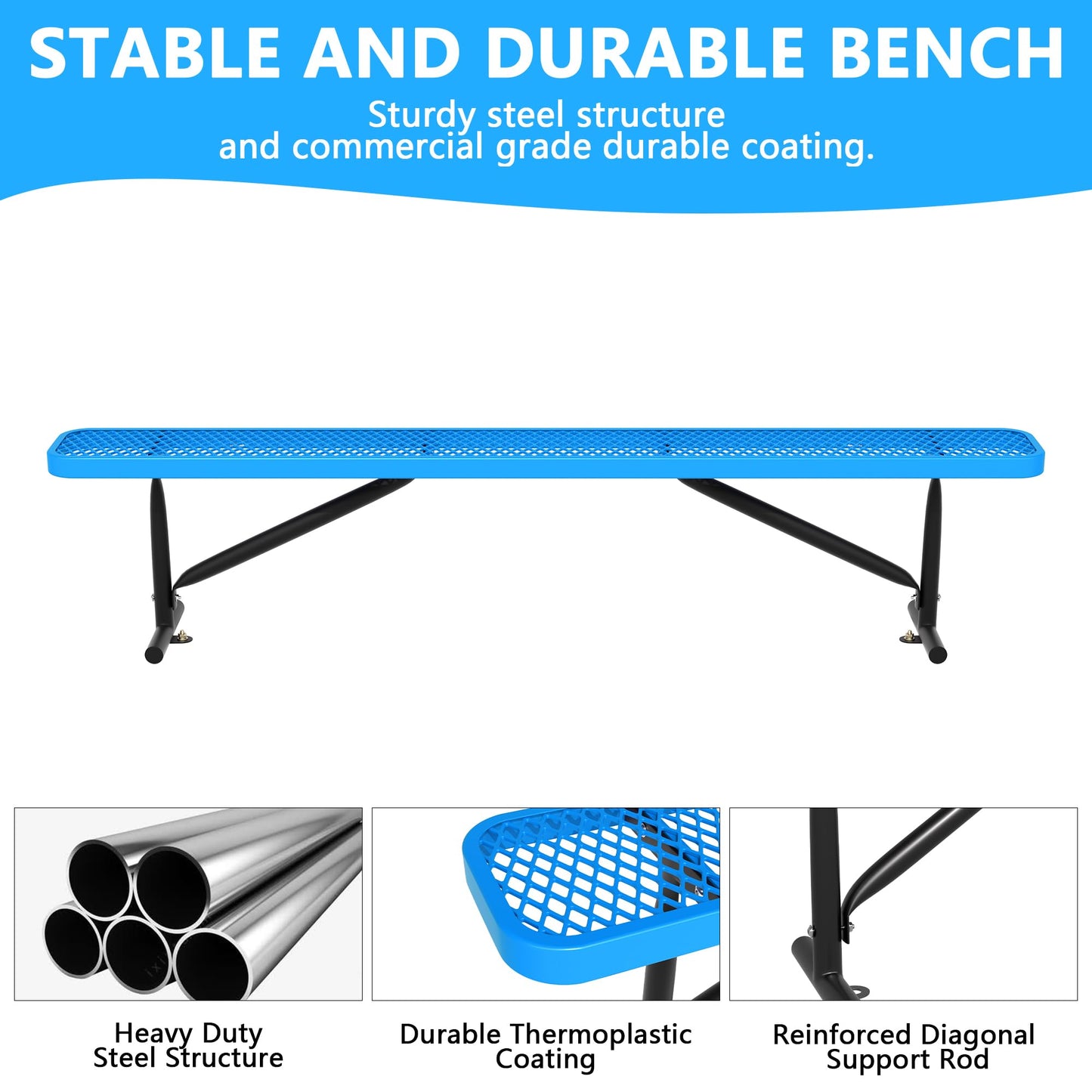 Sunnibety 8 Feet Heavy Duty Metal Park Bench for Outside, Outdoor Bench with Portable Frame, Commercial Benches for Shopping Mall, Store, Park, Patio, Deck, Blue