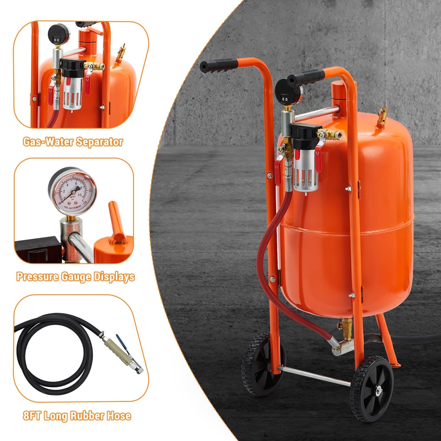 GarveeTech 20 gal Sand Blasting Machine, 60-110 Psi Pressure Air Sand Blasting Kit w/4 Ceramic Nozzles & Oil-Water Separator, Portable Abrasive Blaster for Stain Removal Paint, Orange
