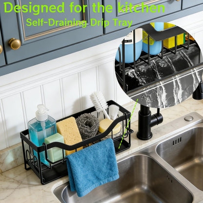 SWILLE Sponge Holder for Kitchen Sink - Sink Caddy Organizer with Auto Drain Tray, Detachable Towel Rack, Stainless Steel Kitchen Counter Organizer Rack, Black