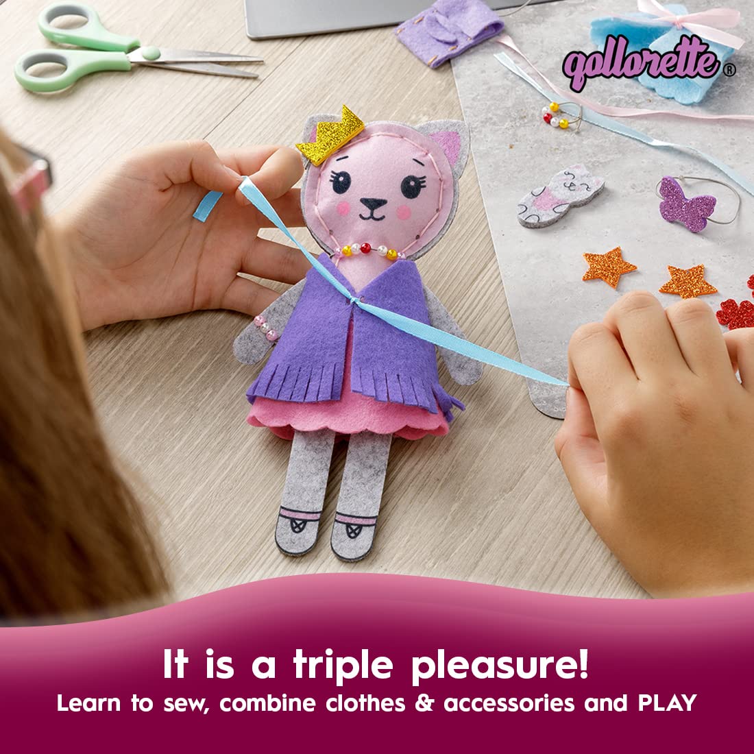 qollorette Felt Sewing Kit for Children, Make Your Own Kitty Toy, Kids' Craft Kit - Make A Friend Sew Kit - Beginner Sewing Kit for Kids, Learn to Sew & Play