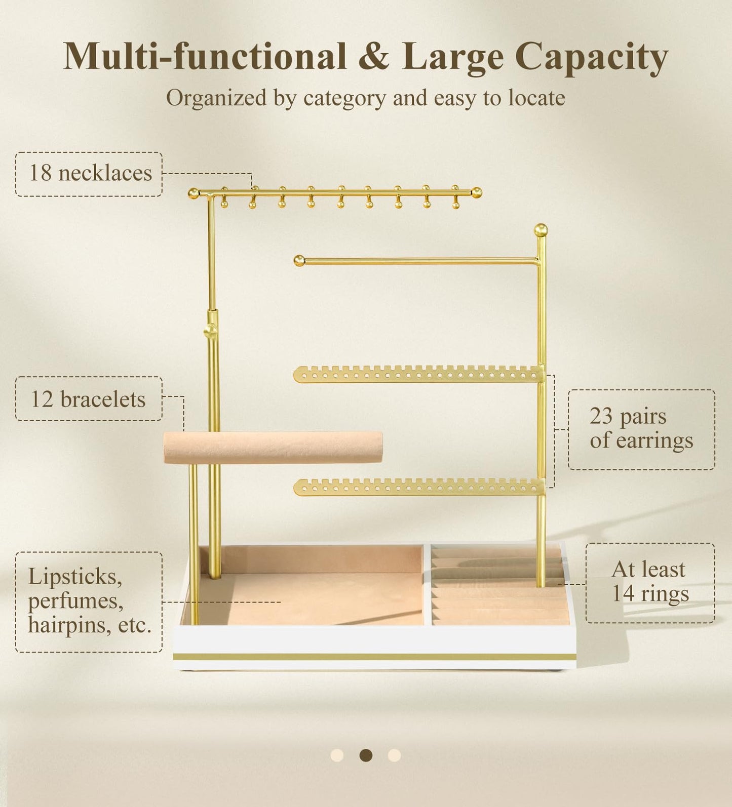 Emibele Jewelry Holder, Jewelry Organizer Stand Necklace Earrings Bracelet Holder, 5 Tier Jewelry Display Tower Rack with Metal Frame and Velvet Ring Tray, Aesthetic Jewelry Stand Gift for Women, Gold