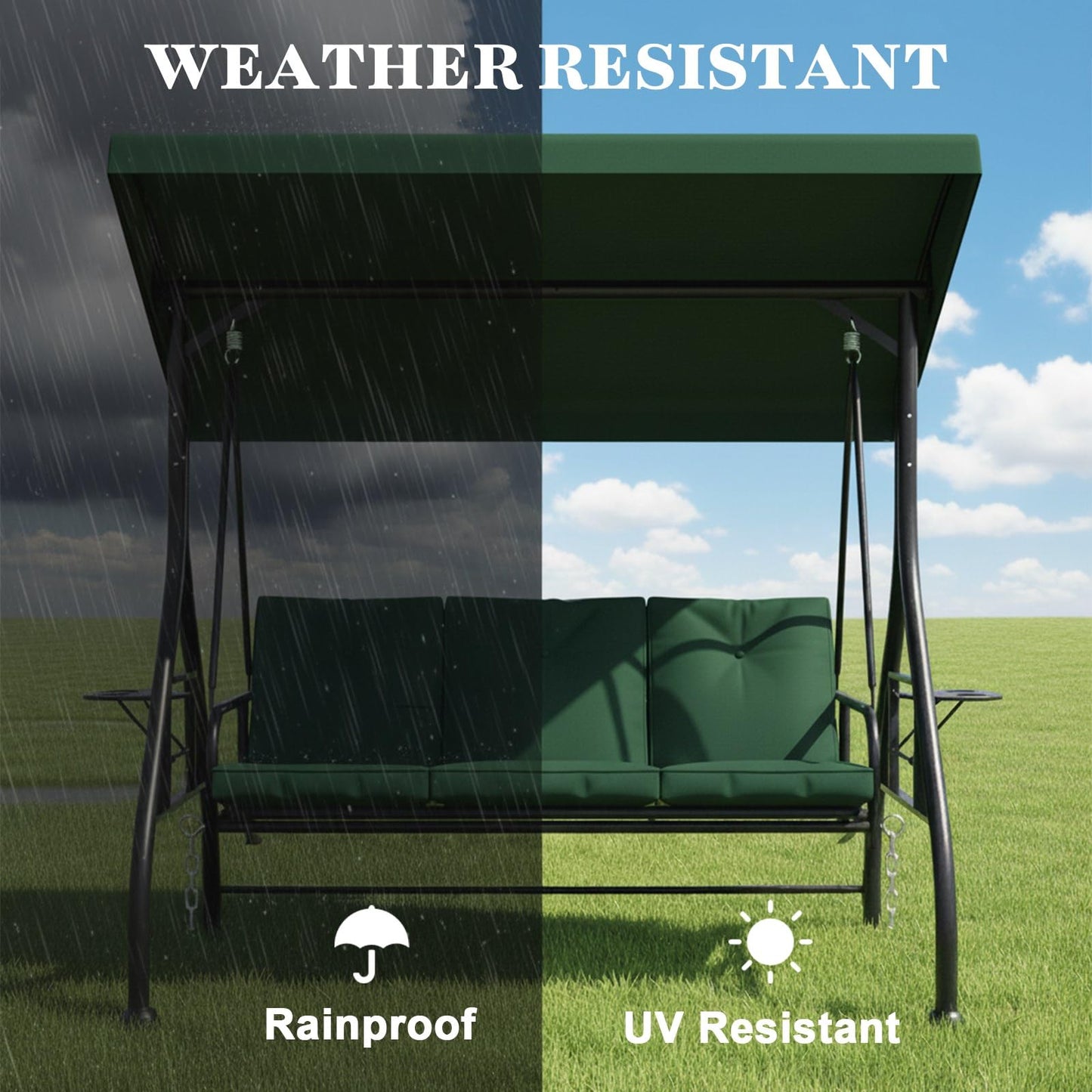 3 Person Outdoor Adult Porch Swings Bed with Stand & Adjustable Canopy, Patio Swing Daybed with Foldable Side Tray w/Thicken Cushions for Adults for Balcony Garden Deck Green