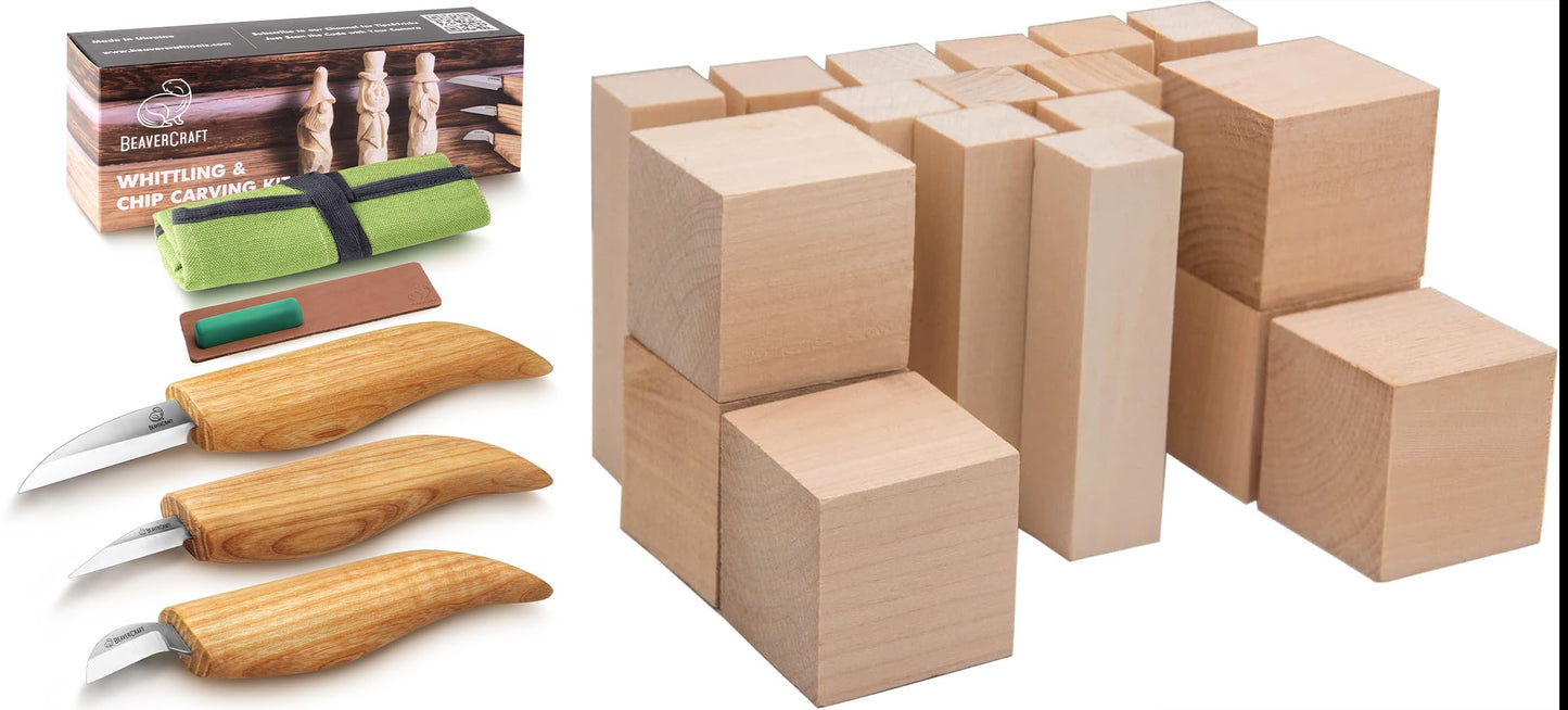 BeaverCraft Wood Carving Kit for Beginners S15 with Detail Chip Sloyd Whittling Knives & Leather Strop, 2 Different Sizes Basswood Soft Unfinished Carving Wood Blocks BW18