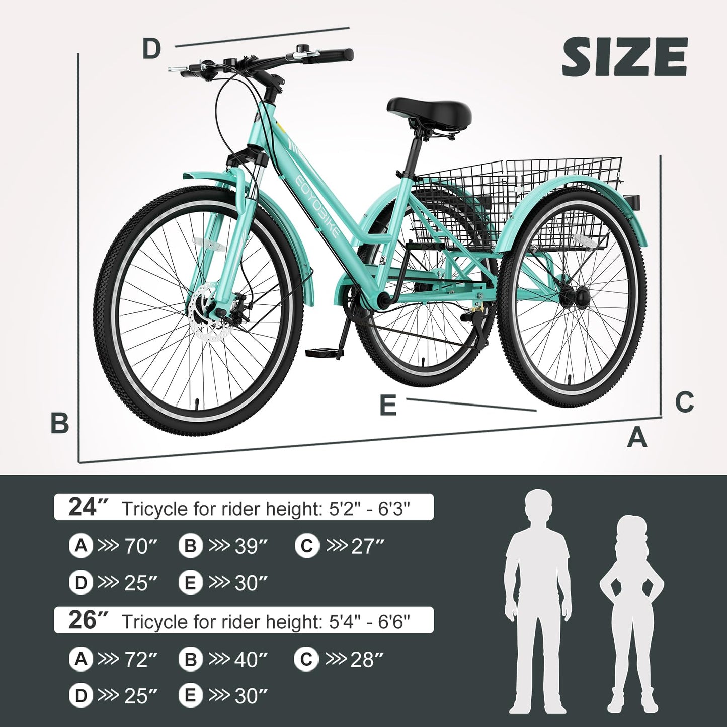 H&ZT Adult Tricycle, 3 Wheeled Bike, Trike Cruiser Bike, with 7-Speed Gear, Parking Brake Handle, Low Step, Large Rear Basket, Elderly Friendly, for Men, Women, and Teens