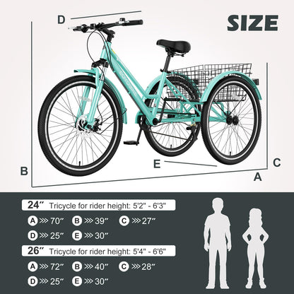 H&ZT Adult Tricycle, 3 Wheeled Bike, Trike Cruiser Bike, with 7-Speed Gear, Parking Brake Handle, Low Step, Large Rear Basket, Elderly Friendly, for Men, Women, and Teens