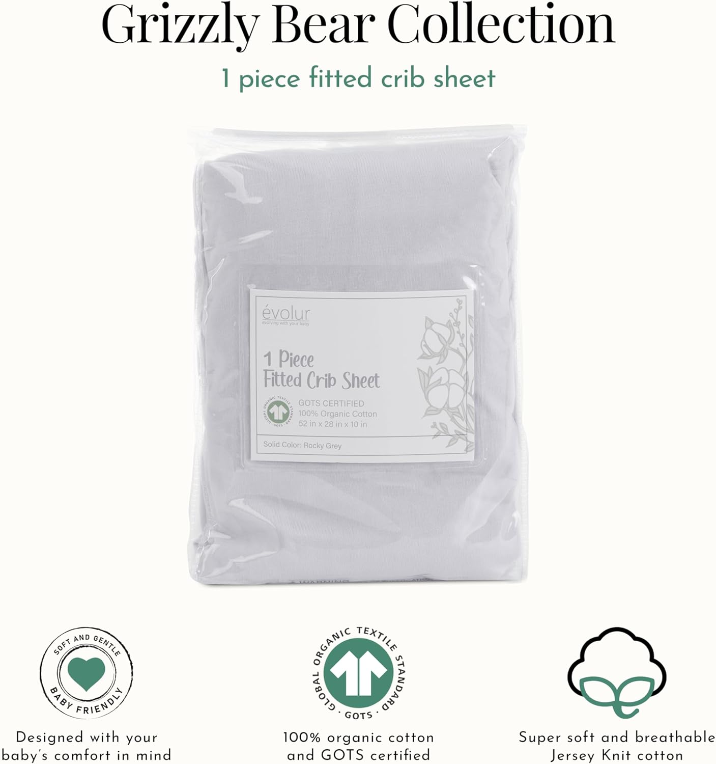 1 Evolur Piece Rock Grey Full Crib Solid Fitted Sheet, Fitted Crib Sheet for Standard Crib and Toddler Mattress, Soft
