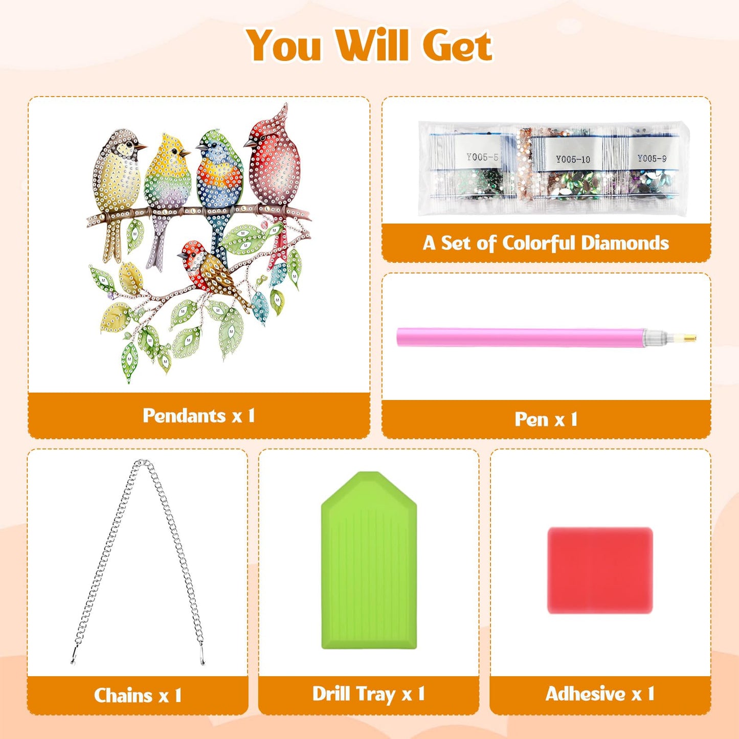 GHHKUD Hanging Diamond Art Cute Birds Pendants Kits, DIY Hanging Decoration Double Sided Branch Bird Diamond Painting Ornaments for Adults Kids Gifts for Home Decor