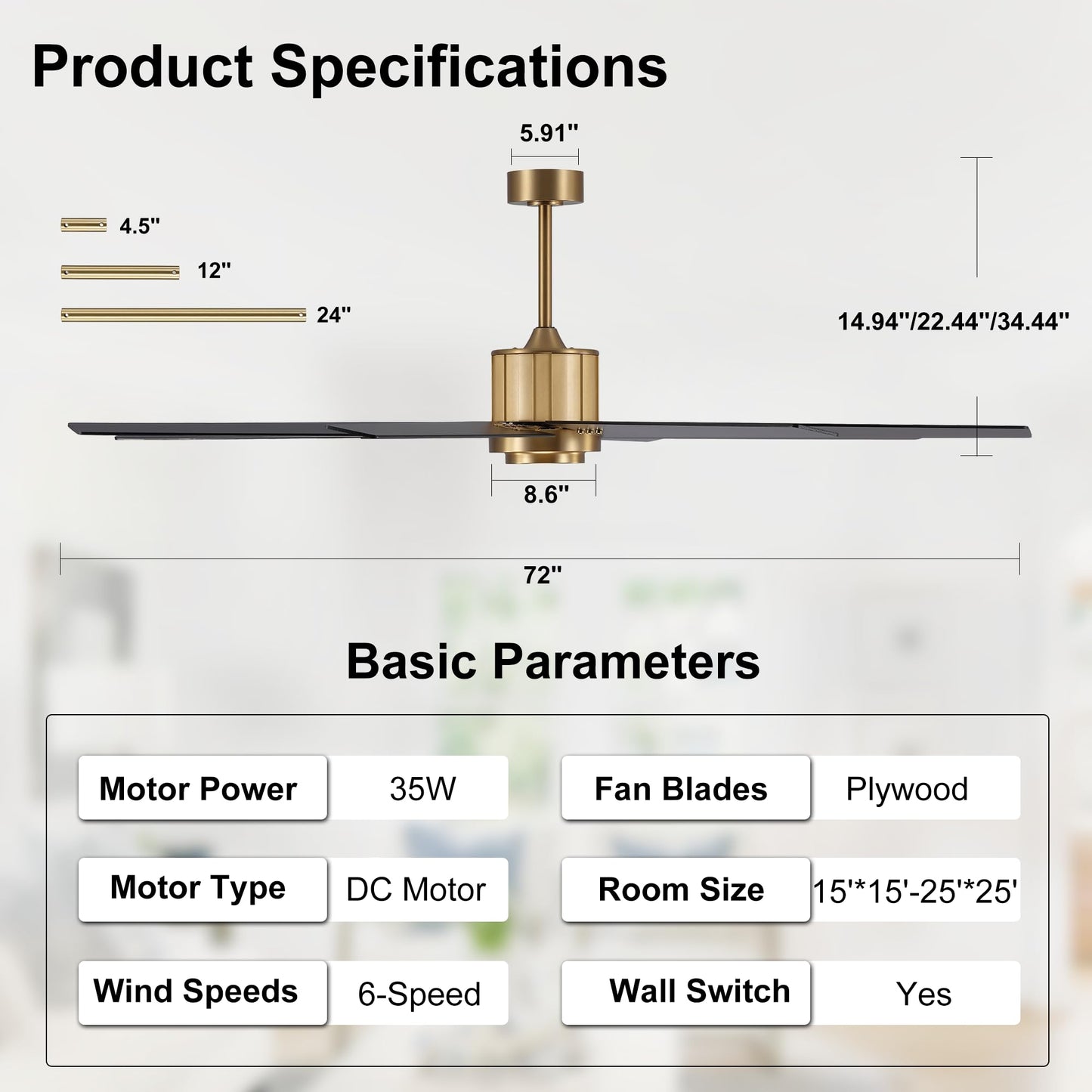 WINGBO 72" Ceiling Fan without Light, Modern Large Ceiling Fan with Remote Control, 6-Speed Reversible Noiseless DC Motor, Gold and Black/Walnut Blades for Living Room, Bedroom & Covered Outdoor