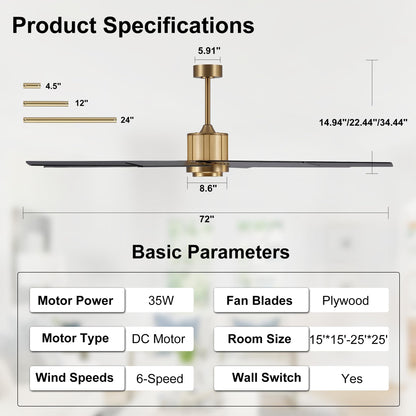 WINGBO 72" Ceiling Fan without Light, Modern Large Ceiling Fan with Remote Control, 6-Speed Reversible Noiseless DC Motor, Gold and Black/Walnut Blades for Living Room, Bedroom & Covered Outdoor