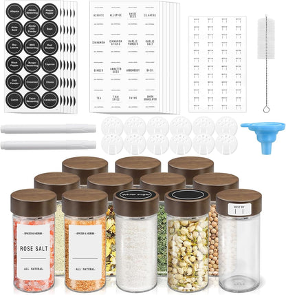12 Pack 4 oz Set VIBRATITE Spice Jars with Acacia Lids, Round Glass Jars Spice Containers with Labels, Pen, Funnel