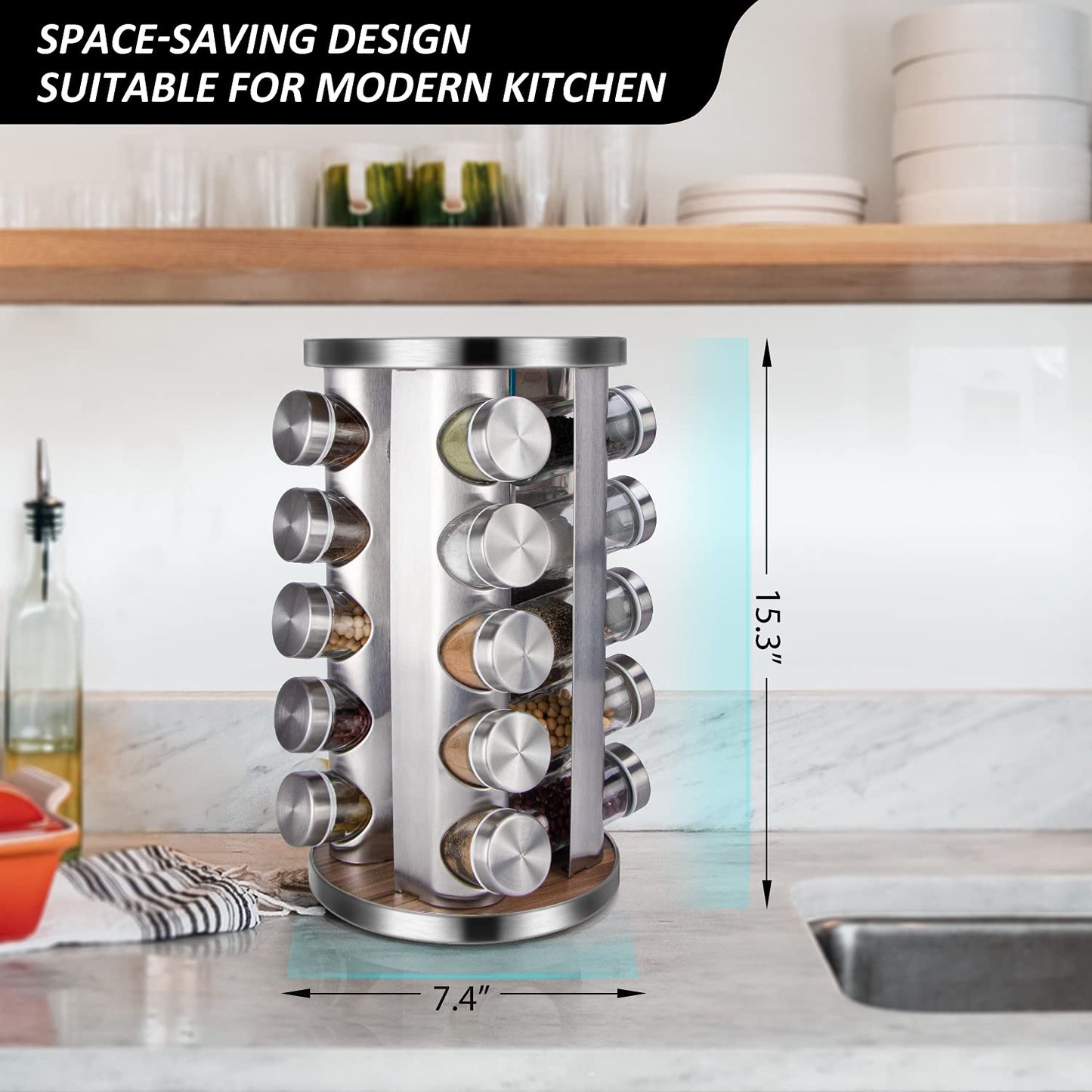 dasaka Rotating Spice Rack Organizer with Jars(20Pcs), Seasoning Organizer for Cabinet, Kitchen Spice Racks for Countertop, Revolving Stainless Steel Spice Organizer