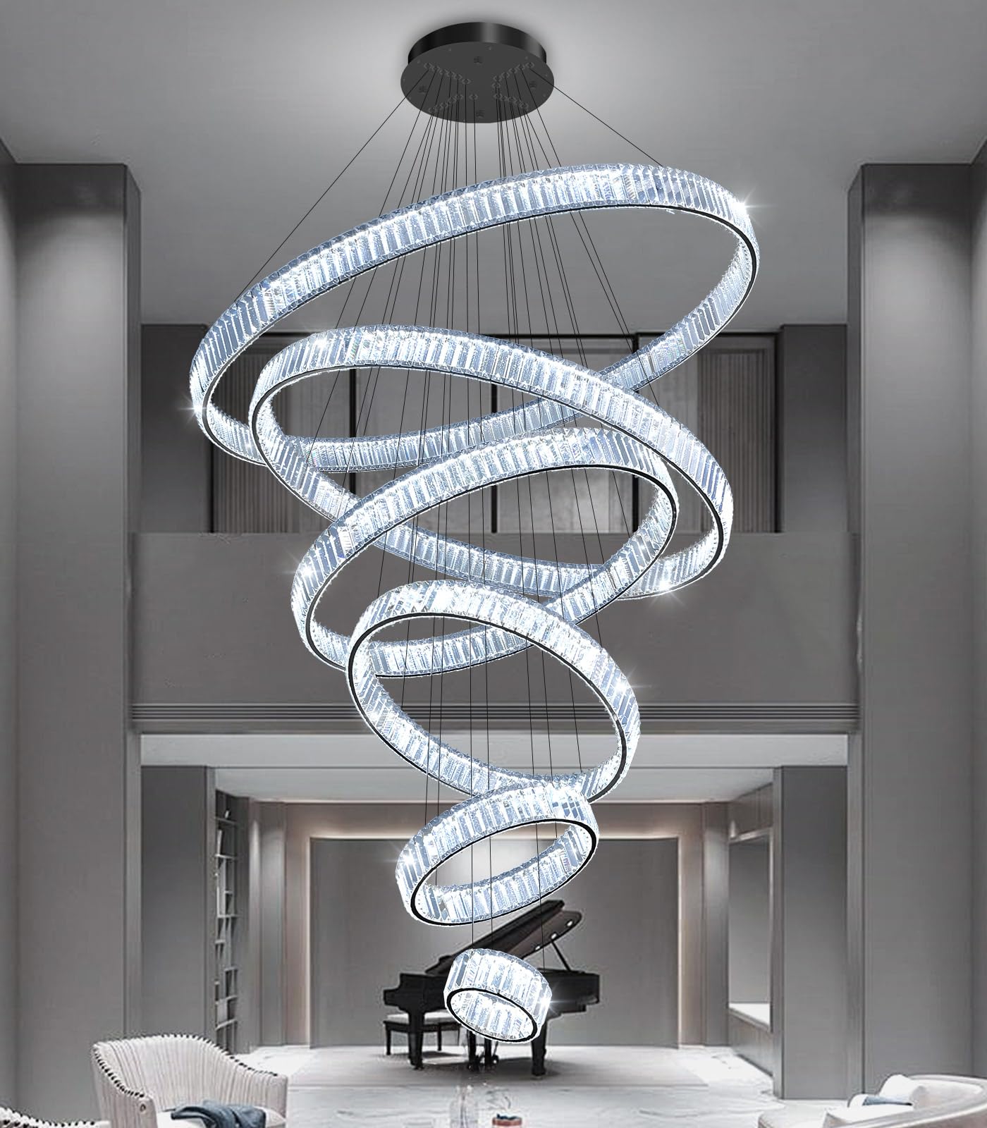 dolria Large Ring Chandelier Modern Crystal Chandeliers for High Ceiling Round LED Dimmable Ceiling Light Fixture for Foyer Long Stair Black 8''+16''+24''+32''+40''+47''