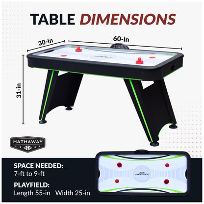 Hathaway Voyager 5 Ft Air Hockey Table for Home Game Room - with LED Scoring, High-Output Blower, Reinforced Legs, Strikers & Pucks - Black and Neon Green Finish