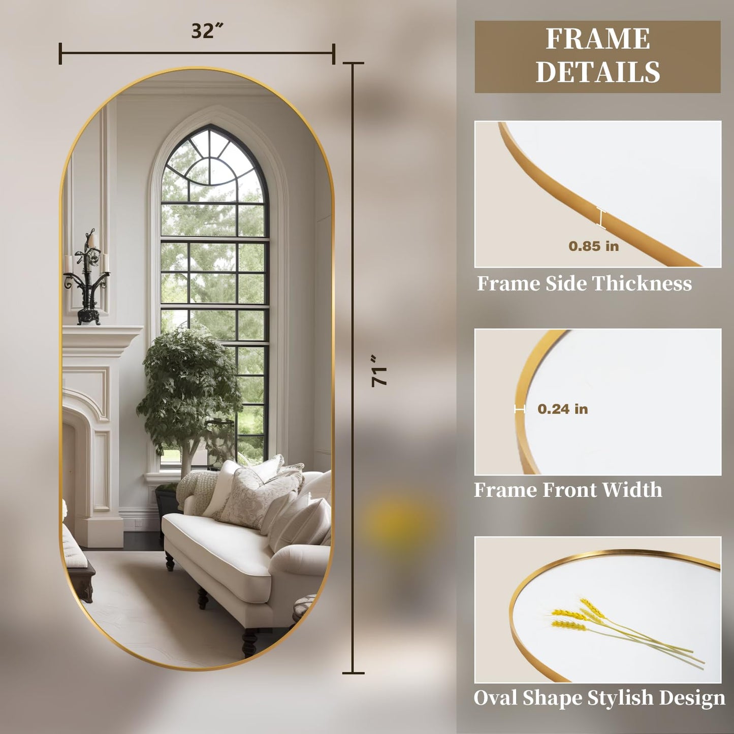 TheiaMo Oval Full Length Mirror, 71"×32" Wall-Mounted Floor Mirror with Metal Frame, Ultra-Clear Explosion-Proof Dressing Mirror, Simple and Classic Deco for Cloakroom/Bedroom/Living Room, Gold