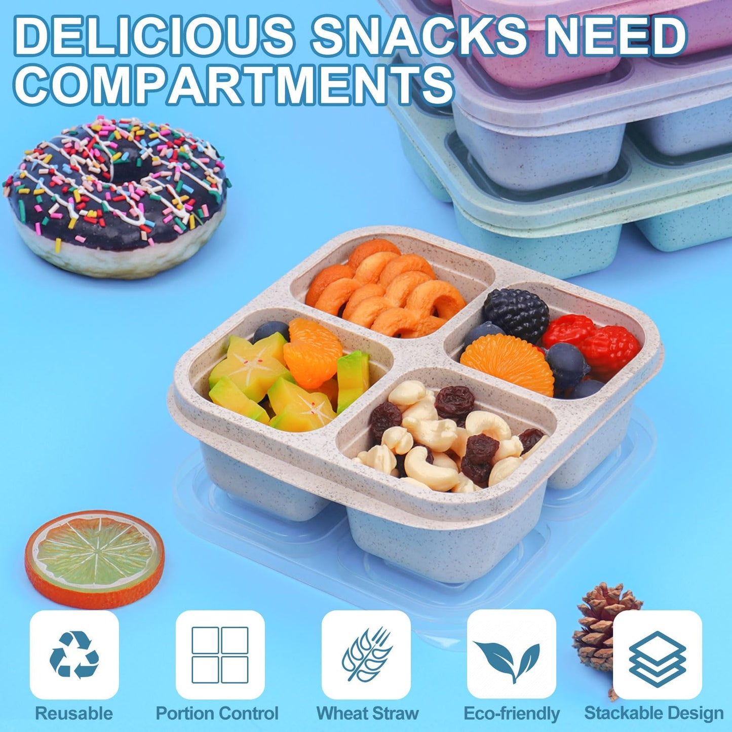 LCHLZZ 4 Pack Snack Containers, Divided Bento Snack Box, 4 Compartments Reusable Meal Prep Lunch Containers for Kids Adults, Food Storage Containers for School Work Travel