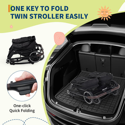 Double Stroller for Twins, Lightweight Side by Side Baby Stroller for Infant & Toddler, High Landscape Double Seat, One-Click Stroller with Adjustable Canopy, Reclining Seats & 5-Point Harness