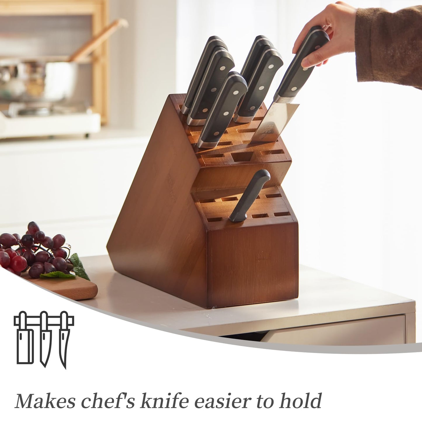 Kitsanery Knife Block Countertop Butcher's Knife Rack and Organizer 20 Slot Knife Holder Large Bamboo Knives Rack (Knife Not Included), Universal Knife Rack Strap