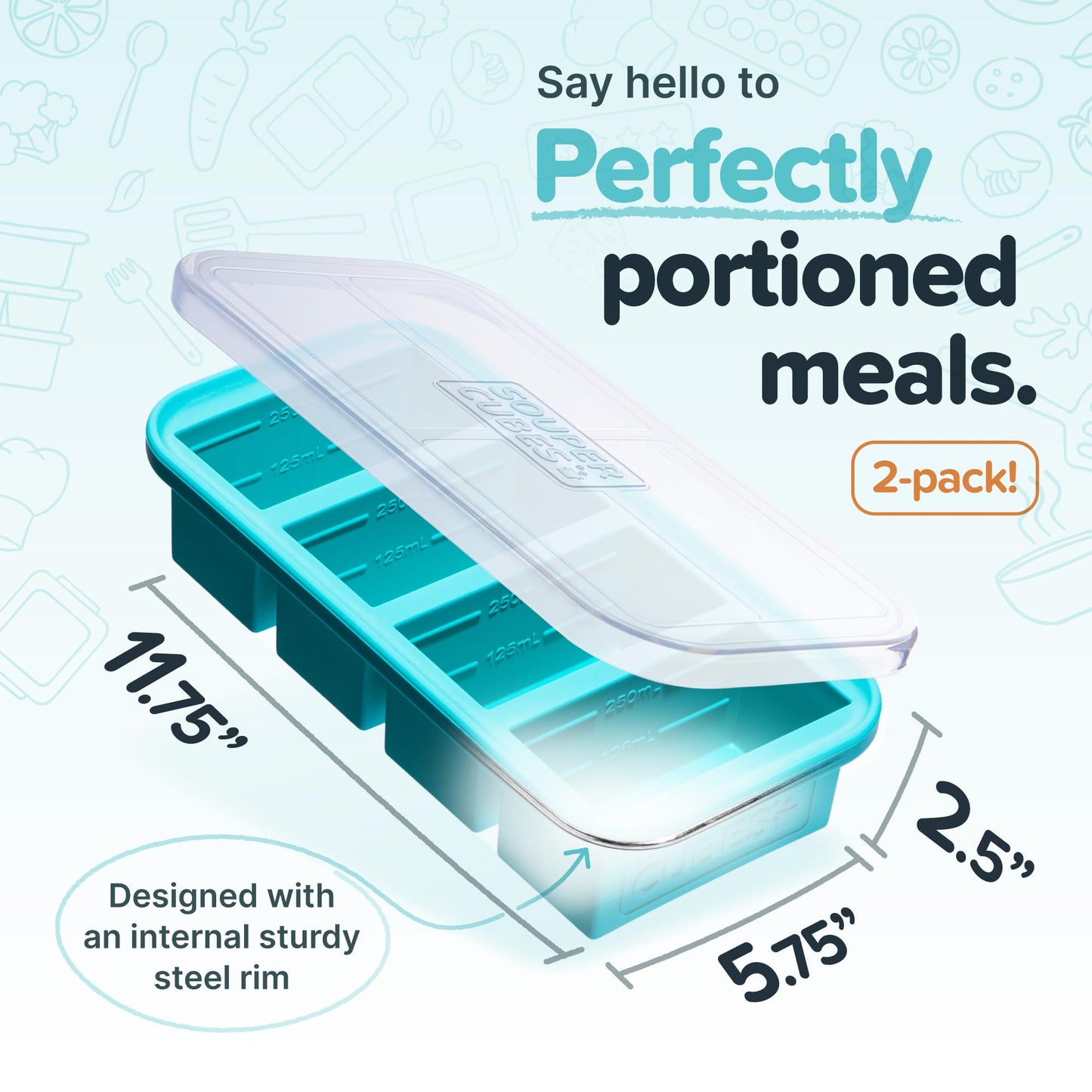Souper Cubes 1 Cup Silicone Freezer Molds with Lids - Soup Cubes with Steel Reinforced Rim - Perfect for Freezing Broth, Rice, Individual Portions, Meal Prepping and More - Aqua - 2-Pack