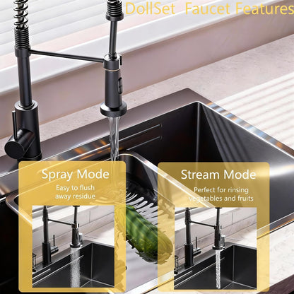32x19 Black Drop-in Kitchen Sink: Deep Single Bowl Stainless Steel Workstation with Faucet & Accessories Combo for Family Kitchen—Scratch Resistant & Noise Reducing