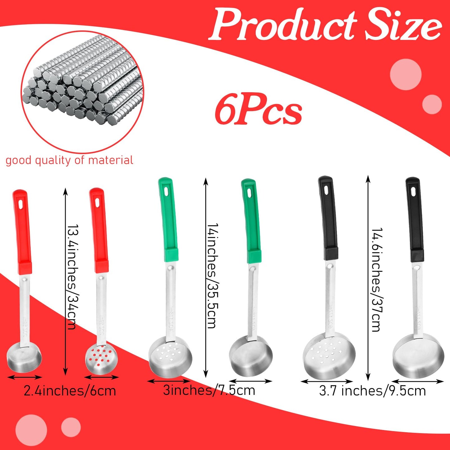 Kifmurase 6Pcs Portion Control Serving Spoons, Portion Scoops Cups Solid and Slotted Stainless Steel Ladle Spoon for Food, Measuring Serving Utensils for Restaurants (6OZ, 4OZ, 2OZ)