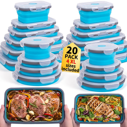 Collapsible Food Storage Containers with Lids 20 Pack(81oz/58oz Extra Large Included), 12 Rectangular+8 Round, Annaklin Silicone Collapsible Food Containers Sets Microwave Freezer Dishwasher Safe Blue