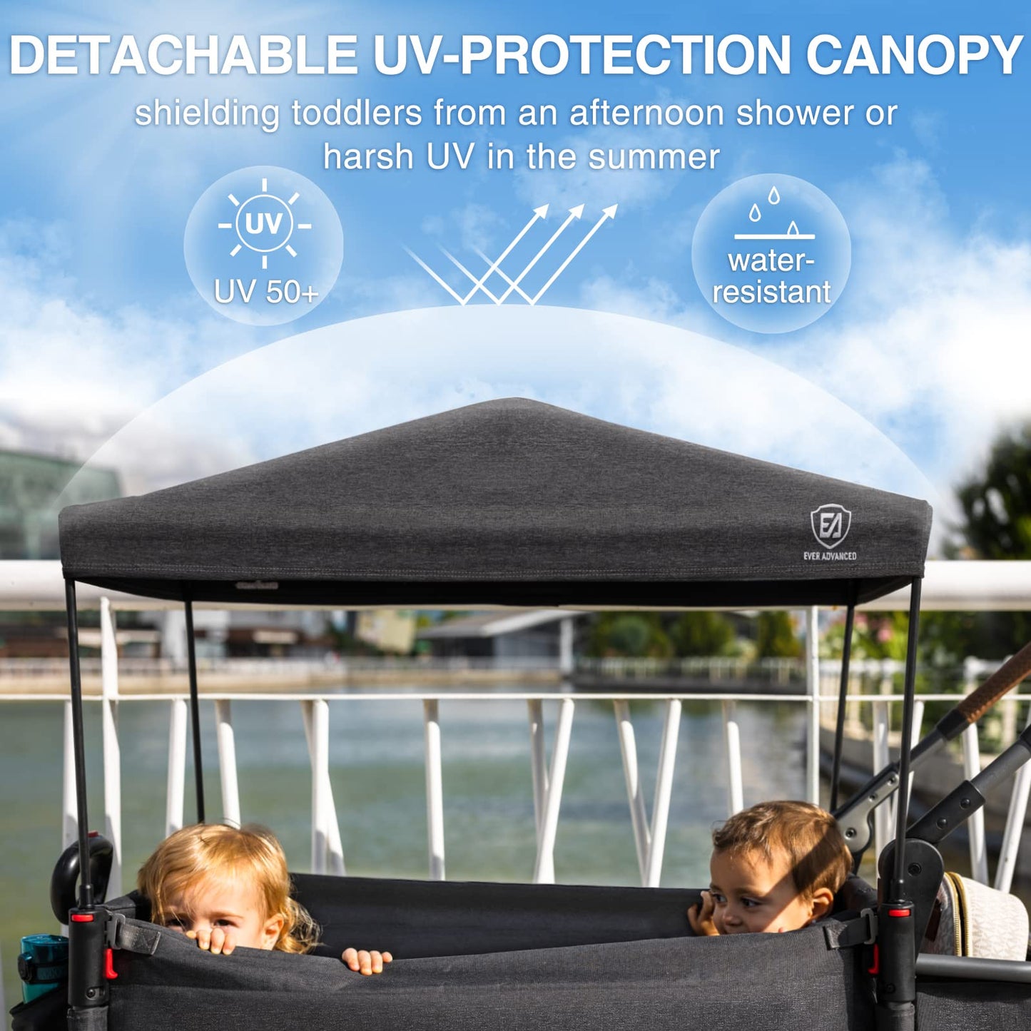 EVER ADVANCED Side-Unzip Stroller Wagon for 2 Kids - 2-in-1 Bench Mode & All-Terrain Push-Pull Wagon - Spica Cast & Special Needs Friendly - JPMA Certified, UV Canopy, Foldable for Zoo, Beach & Travel