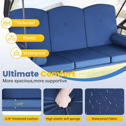 3-Seat Outdoor Porch Swing with Adjustable Canopy, Convertible 2-in-1 Patio Swing & Bed with Thick Cushions, Pillows & Cup Holders for Porch, Backyard & Garden (Blue)