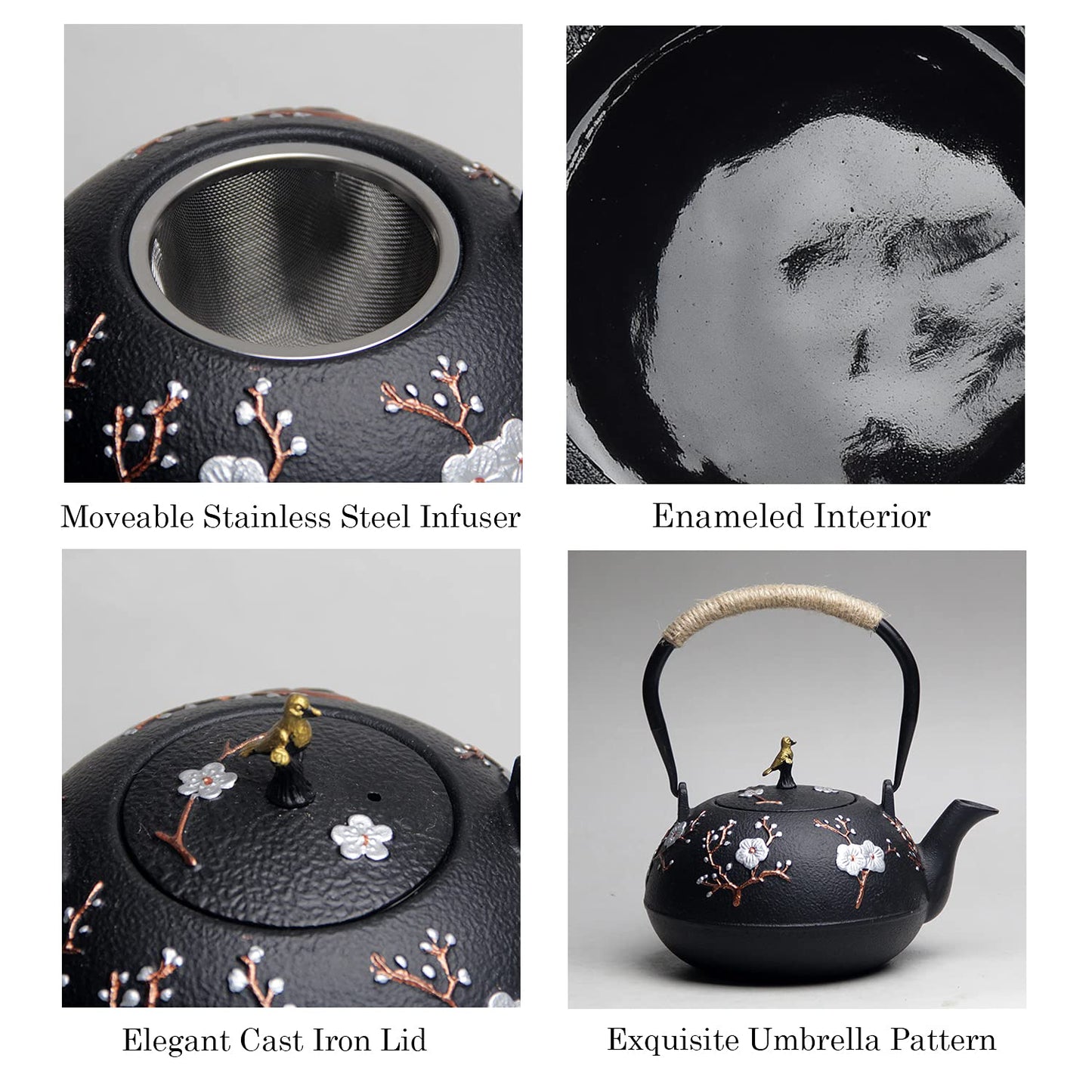 Cast Iron Teapot SECHUDO Teapot for Stovetop Safe Coated with Enameled Interior,Japanese Beautiful Tea Kettle with Stainless Steel Infuser for Loose Tea (40.6oz/1200ml)