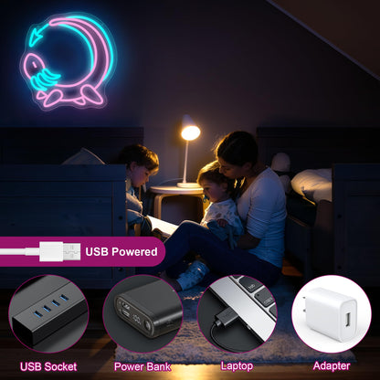 Pink Axolotl Moon Neon Sign for Wall Decor - Cute Animals Kawaii Neon Acrylic USB Powered LED Wall Art Decor, Light Up Sign Dimmable, for Axolotl Lovers Children's Room Kids Birthday 12.99" × 12.91"