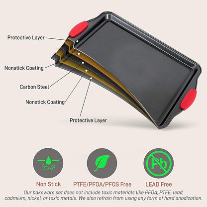 Baking Pan, Carbon Steel Non Stick Oven Baking Sheet with Silicone Handle, Deepened Design, Dishwasher Safe