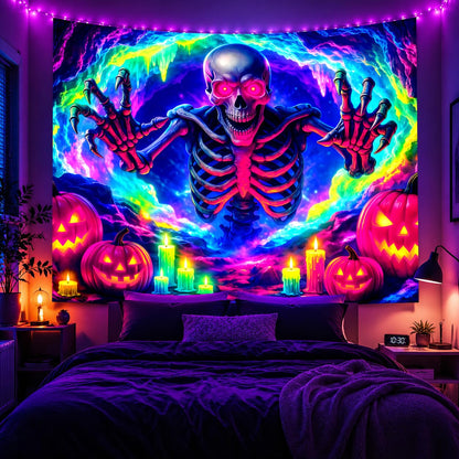 Neon Skeleton UV Tapestry 78.74X59.06in, Blacklight Reactive Tapestry Fluorescent, Hanging Neon Wall Tapestry for Bedroom Dorm, Room Tapestry Large Wall, Tapestry Room Backdrop, Halloween Decor