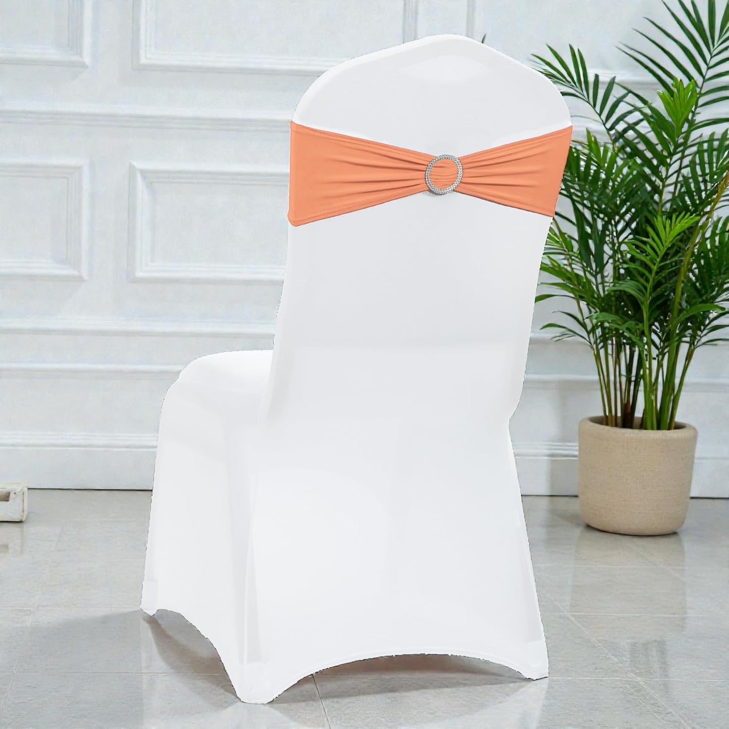 MDS Spandex Chair Sashes - Premium Stretch Bow Covers with Buckle Slider | Universal Fit - Peach (Pack of 25)
