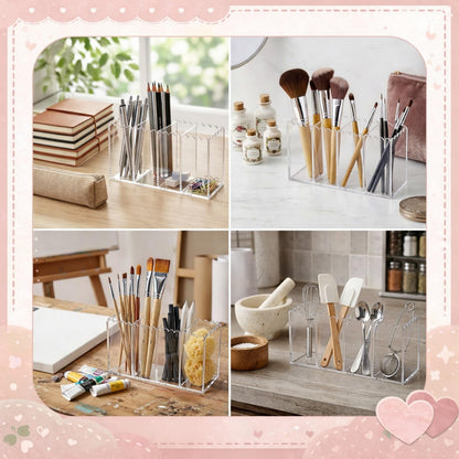 Tosstuki Scalloped Acrylic Pencil Holder for Desk, Clear Pen Organizer with 4 Compartments, Marker Makeup Brush Holder Remote Caddy for Home, Office, Bathroom, Classroom, Table