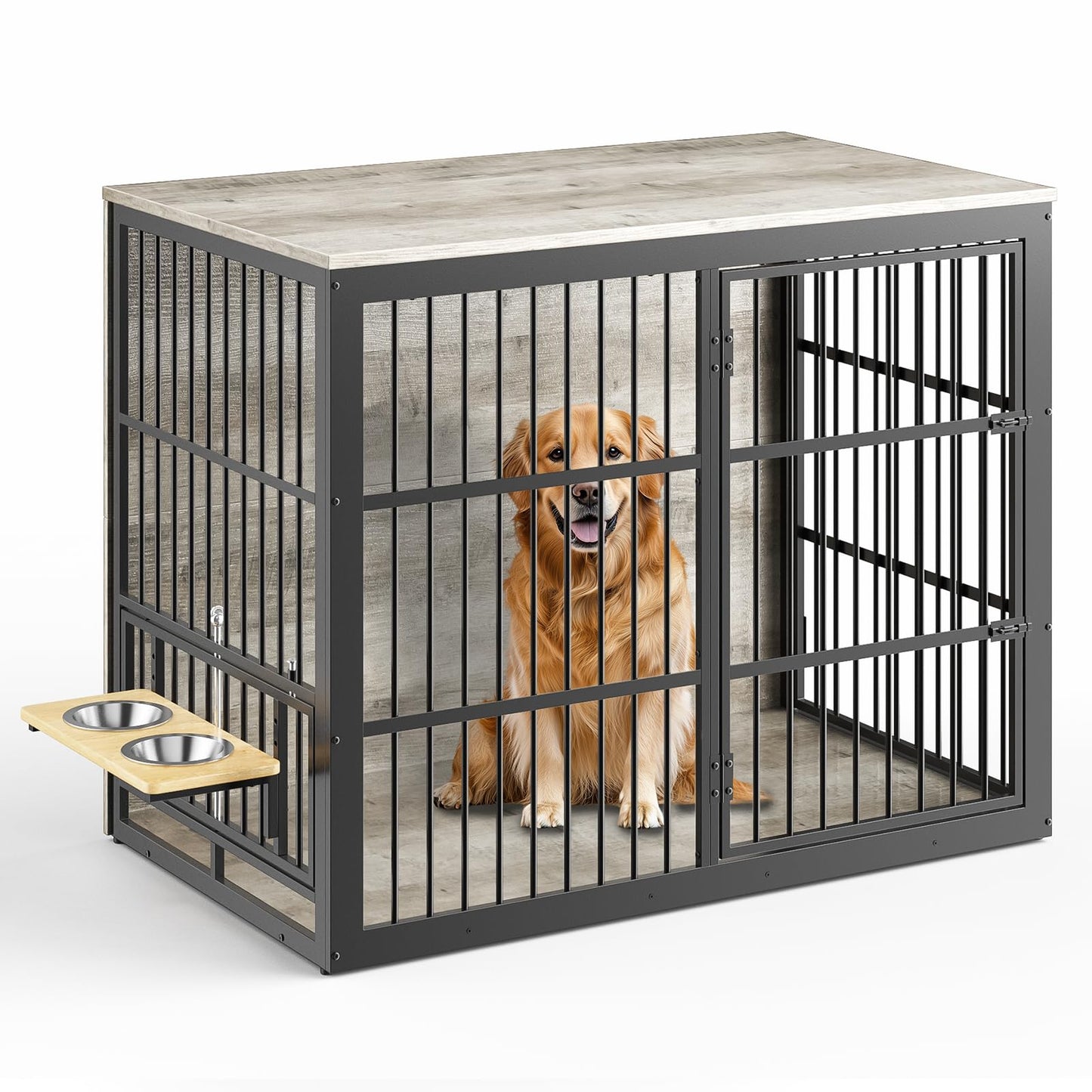 Lyromix 48'' XXL Dog Crate Furniture with Rotating Feeder, Large Wooden Crate End Table, Heavy Duty Indoor Kennel Cage for Medium to Large Dogs, Grey