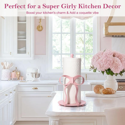 Shinlar Pink Bow Paper Towel Holder Coutertop - Bow Accent Paper Towel Holder, Pink Kitchen Decor and Accessories, Coquette Room Decor Girly Gifts for Women, 3D Handmade Pattern, Weighted Base