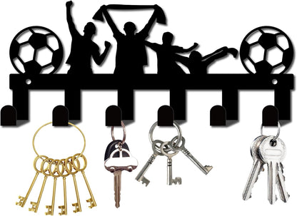 CREATCABIIN Football Key Holder, Wall Mounted Metal Welcome Home Decoration with 6 Hooks (5.1x10.6 Inch, Black)