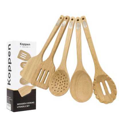 Koppen Rubber Wood Kitchen Utensils Set, Durable Wooden Cooking Spoon and Spatula Ladle for Nonstick Cookware, Non Toxic, Heat Resistant, Smooth Grip, Modern Elegant Design for Everyday (5 Piece Set)