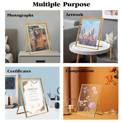 xinkerco 8X10 Gold Floating Picture Frame, Tabletop Metal Tempered Glass Picture Frames for Picture 7x9, 6x8, 5x7, Gift for Birthday, Festival, Wedding, Home or Office Decor (gold, 5x7, Vertical)